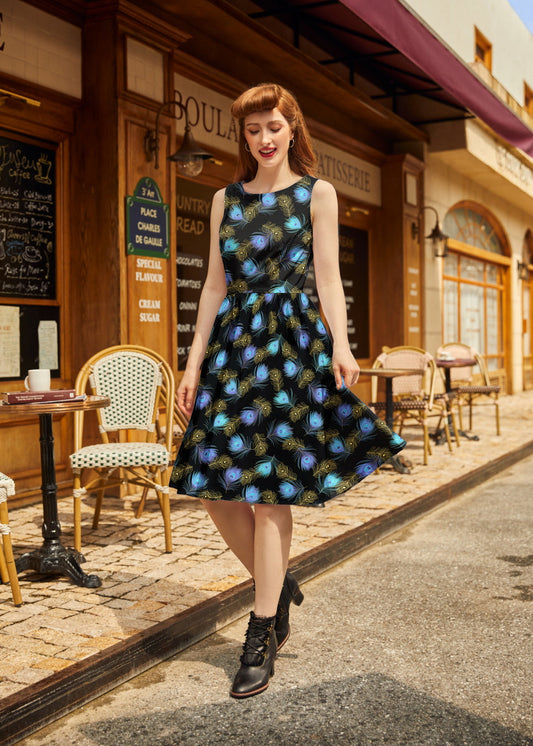 Peacock Feathers Vintage Dress, view 1 — Soul Flow Apparel