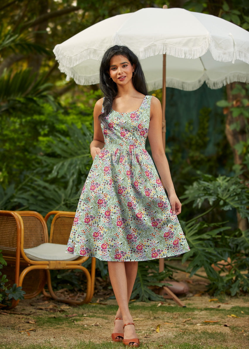Floral Cats Fit & Flare Dress, view 2 — Soul Flow Apparel