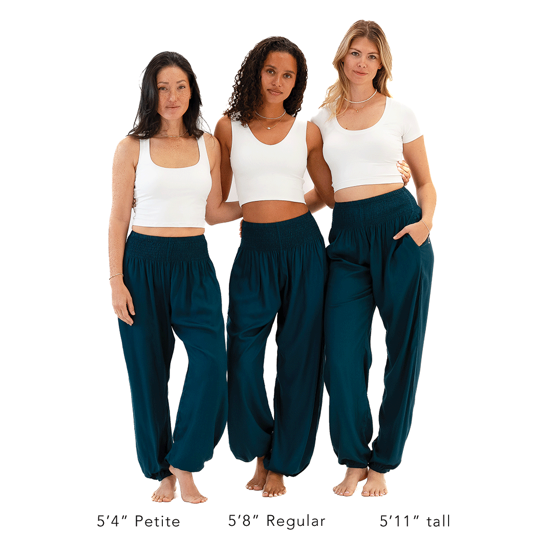 Deep Teal Harem Pants in sizeinfographic, view 5 — Soul Flow Apparel