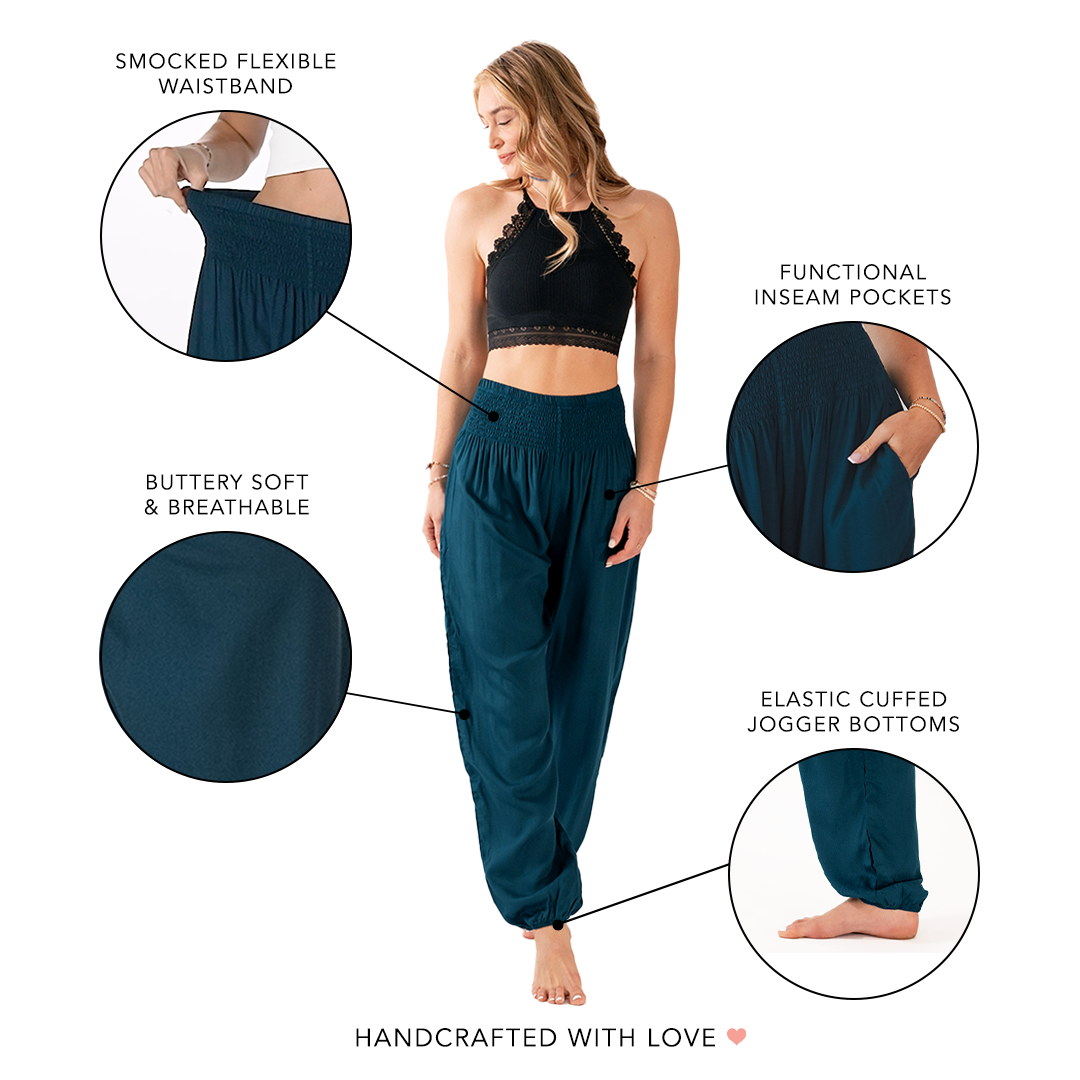 Deep Teal Harem Pants in infographic — Soul Flow Apparel