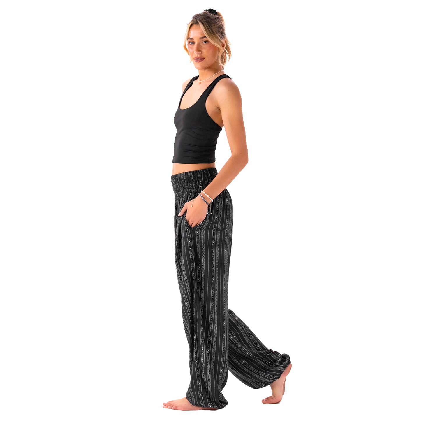 Akha Tribal Print Harem Pants, view 2 — Soul Flow Apparel