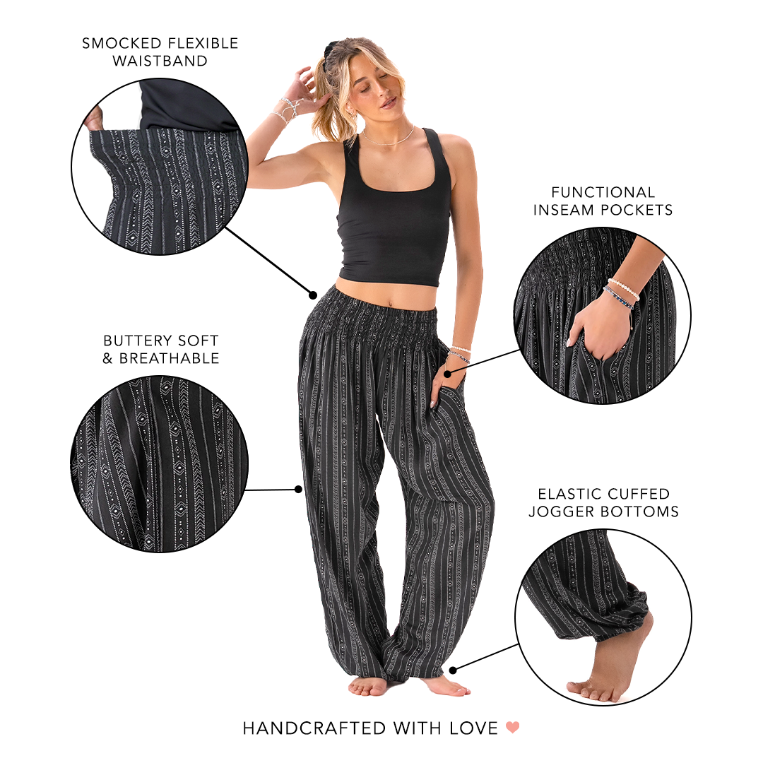 Akha Tribal Print Harem Pants in infographic — Soul Flow Apparel