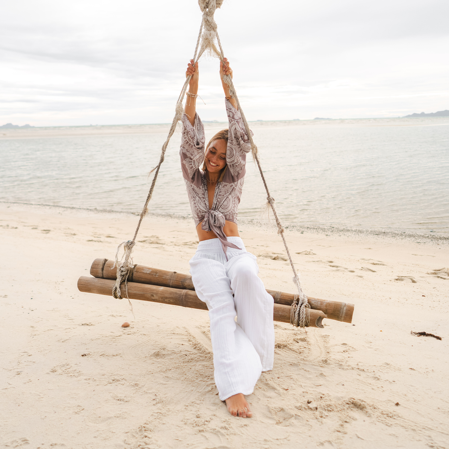 White Wide Leg Beach Cotton Pants, view 8 — Soul Flow Apparel