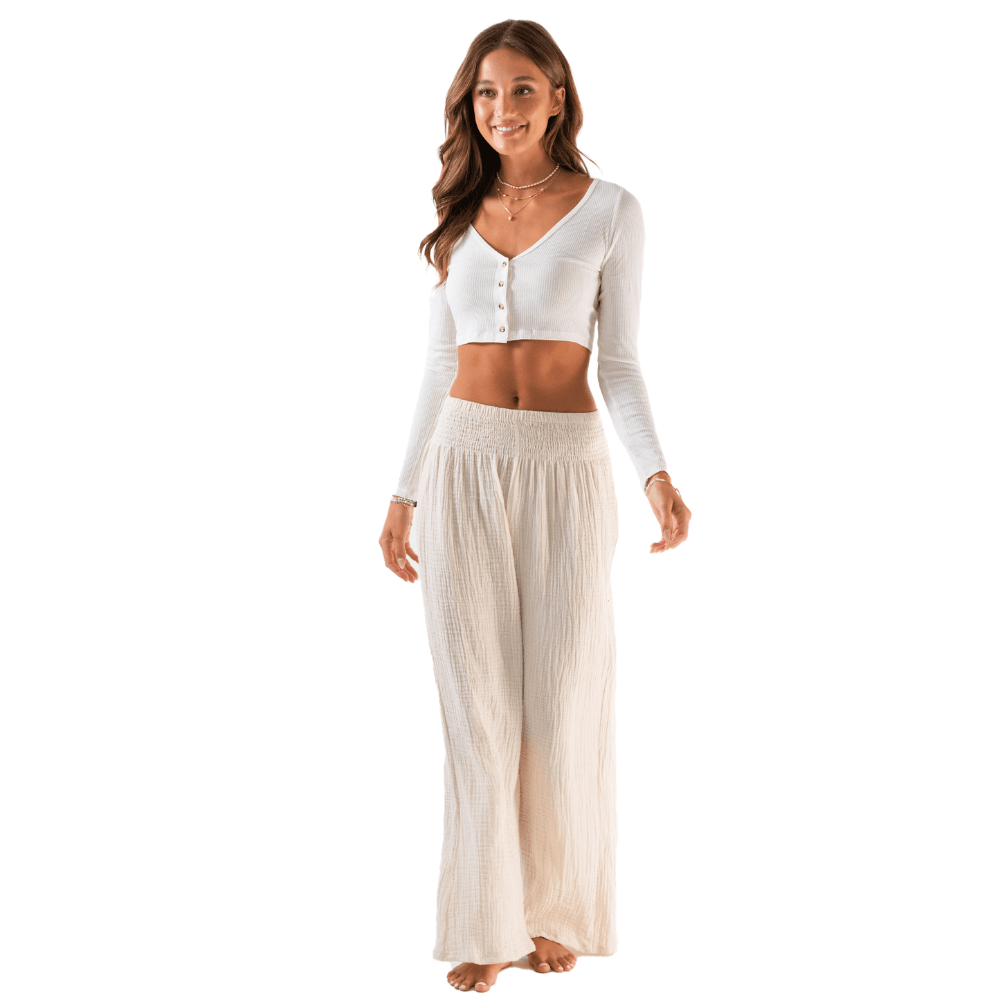 Cream Wide Leg Cotton Pants, view 2 — Soul Flow Apparel
