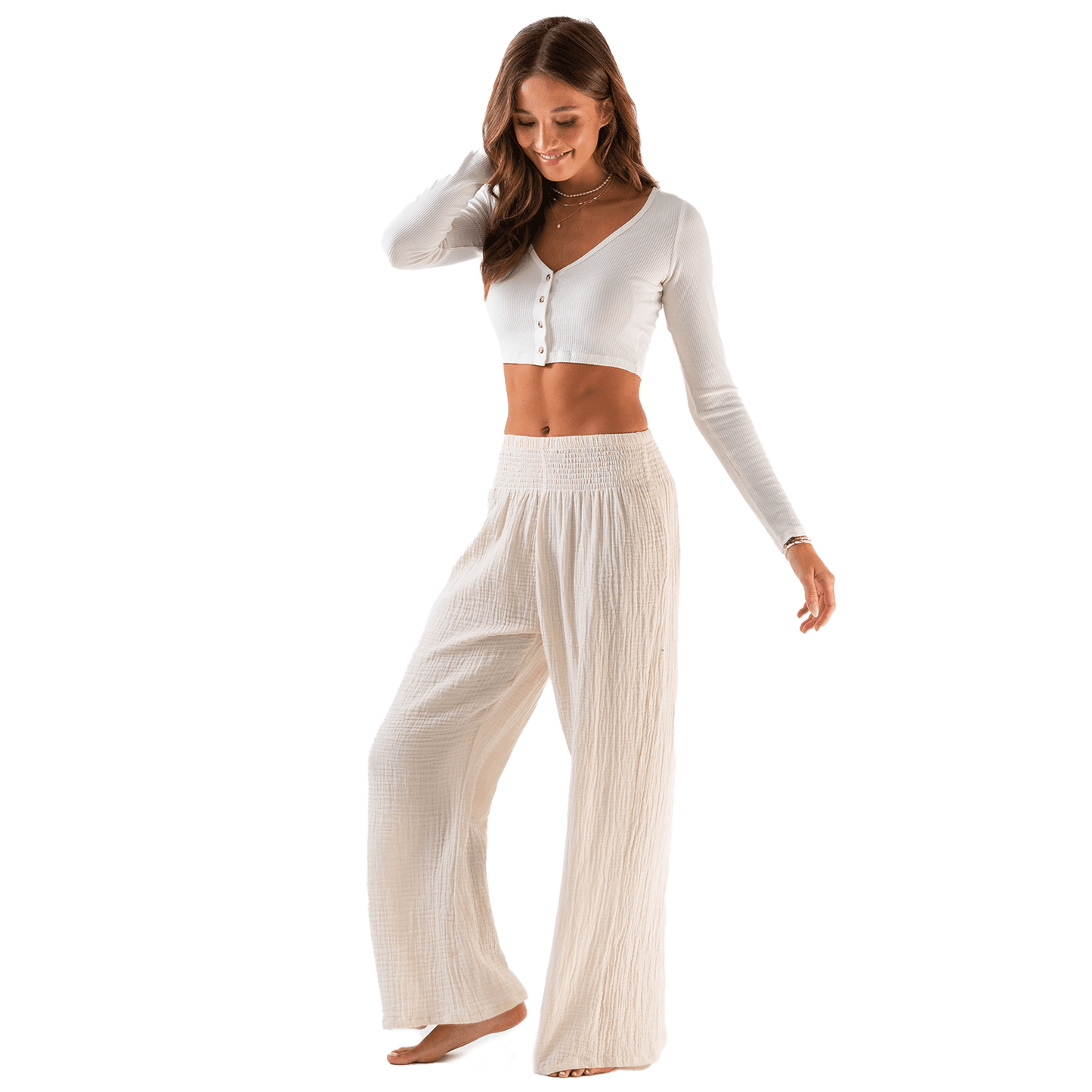 Cream Wide Leg Cotton Pants, view 3 — Soul Flow Apparel