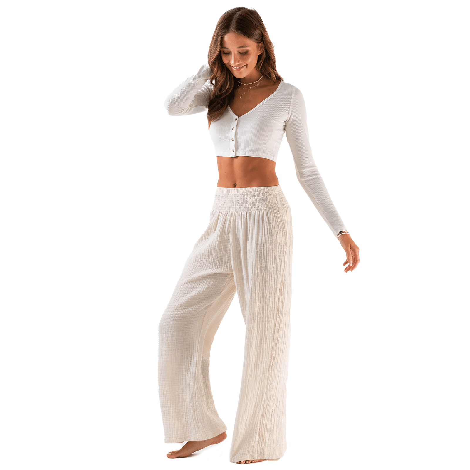 Cream Wide Leg Cotton Pants, view 3 — Soul Flow Apparel