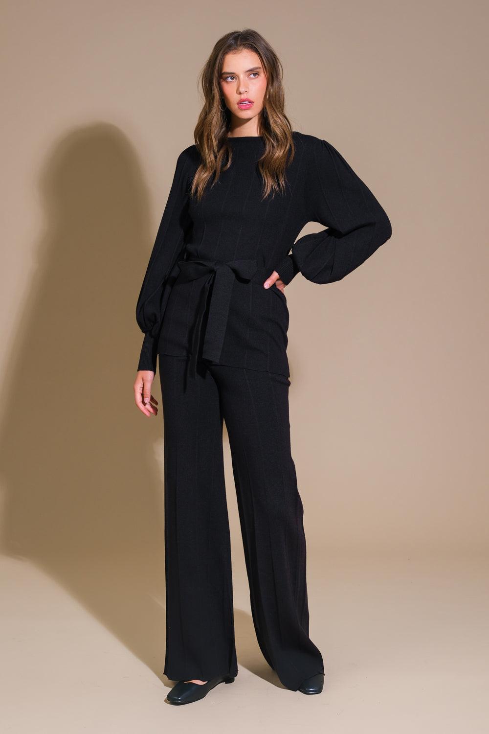 Smile When You Are Sad Sweater Set with Puff Sleeve Top and Wide Leg Pants in black, view 1 — Soul Flow Apparel