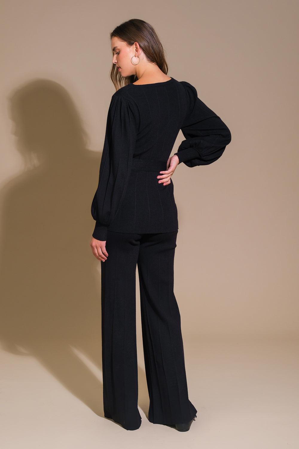 Smile When You Are Sad Sweater Set with Puff Sleeve Top and Wide Leg Pants in black, view 2 — Soul Flow Apparel