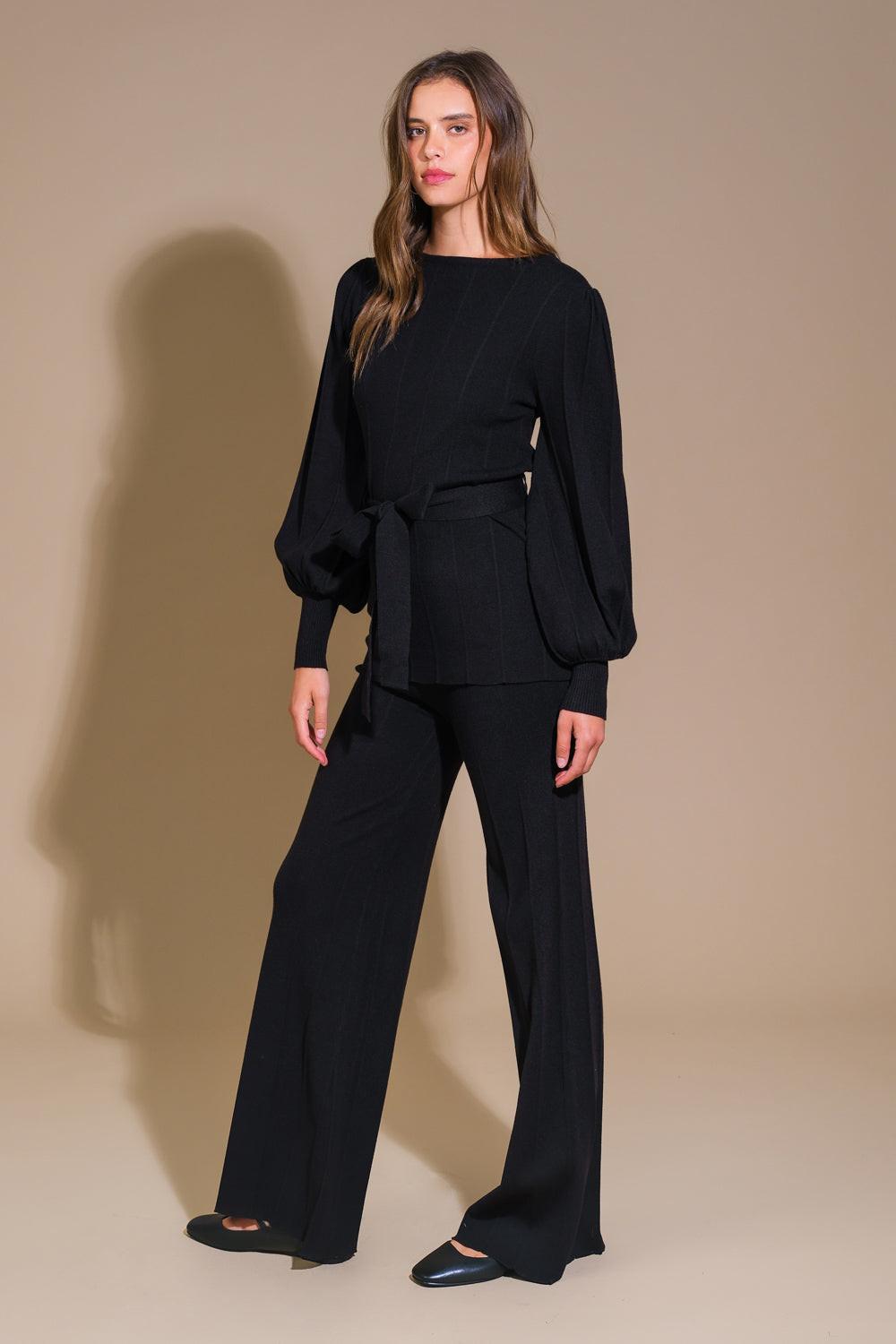 Smile When You Are Sad Sweater Set with Puff Sleeve Top and Wide Leg Pants in black, view 3 — Soul Flow Apparel