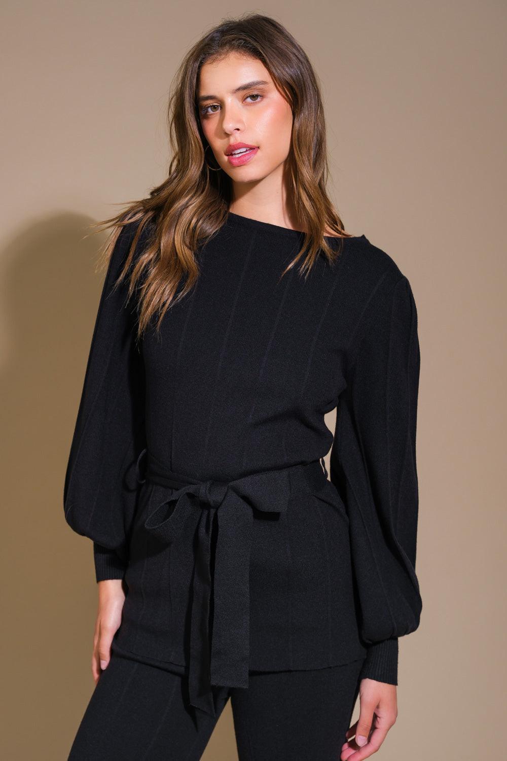 Smile When You Are Sad Sweater Set with Puff Sleeve Top and Wide Leg Pants in black, view 4 — Soul Flow Apparel