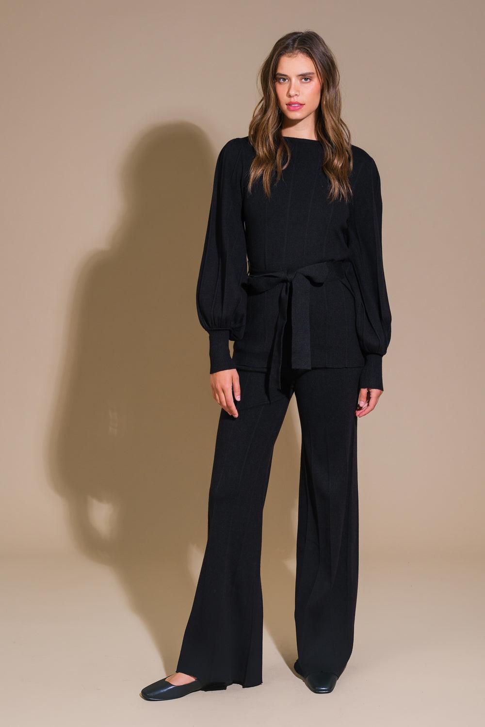 Smile When You Are Sad Sweater Set with Puff Sleeve Top and Wide Leg Pants in black, view 5 — Soul Flow Apparel