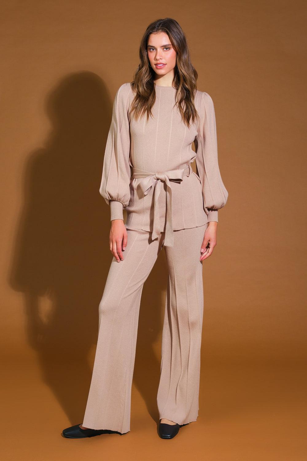 Smile When You Are Sad Sweater Set with Puff Sleeve Top and Wide Leg Pants in tan, view 1 — Soul Flow Apparel