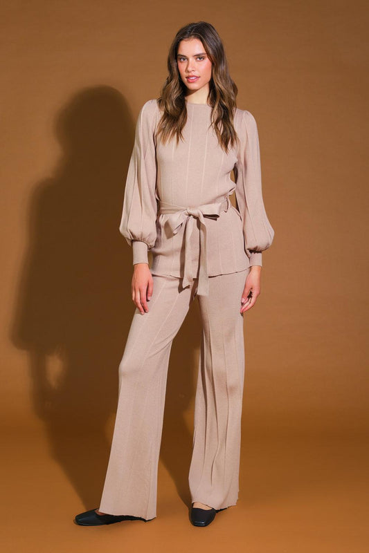 Smile When You Are Sad Sweater Set with Puff Sleeve Top and Wide Leg Pants in tan, view 1 — Soul Flow Apparel