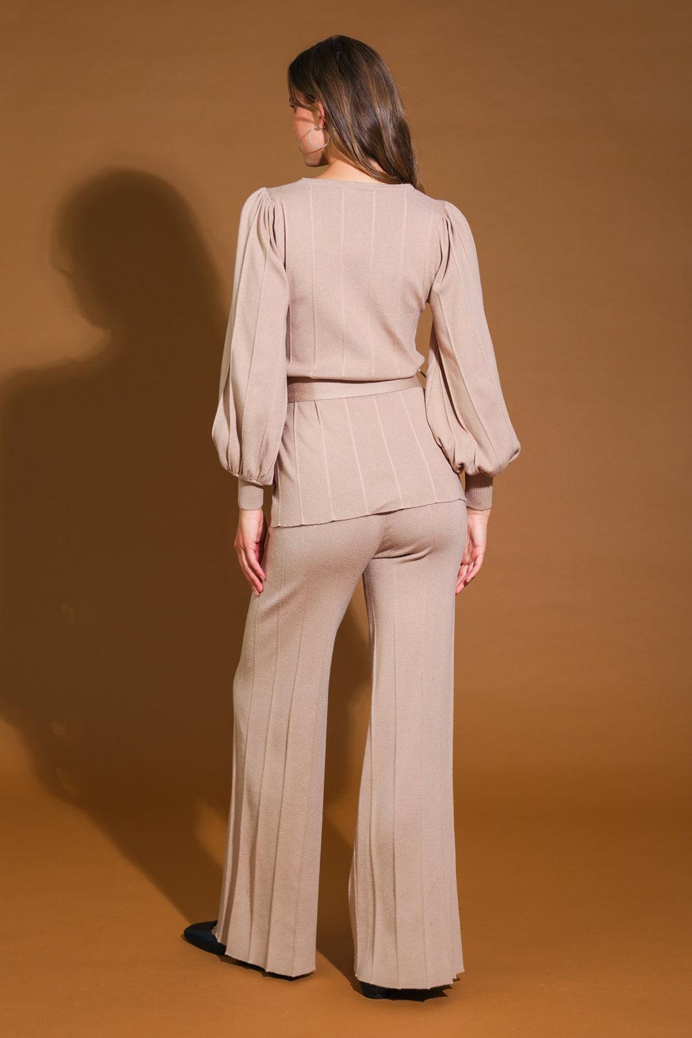 Smile When You Are Sad Sweater Set with Puff Sleeve Top and Wide Leg Pants in tan, view 2 — Soul Flow Apparel