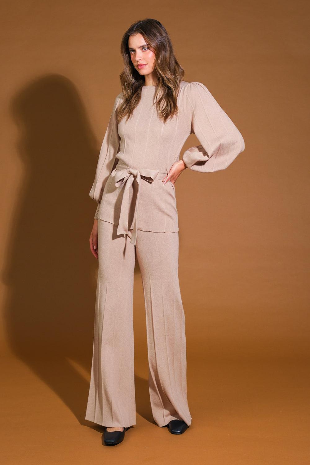 Smile When You Are Sad Sweater Set with Puff Sleeve Top and Wide Leg Pants in tan, view 3 — Soul Flow Apparel
