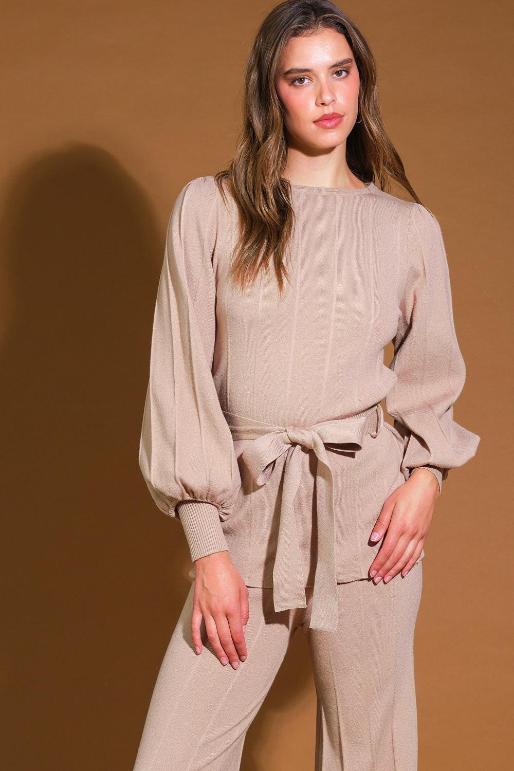 Smile When You Are Sad Sweater Set with Puff Sleeve Top and Wide Leg Pants in tan, view 4 — Soul Flow Apparel