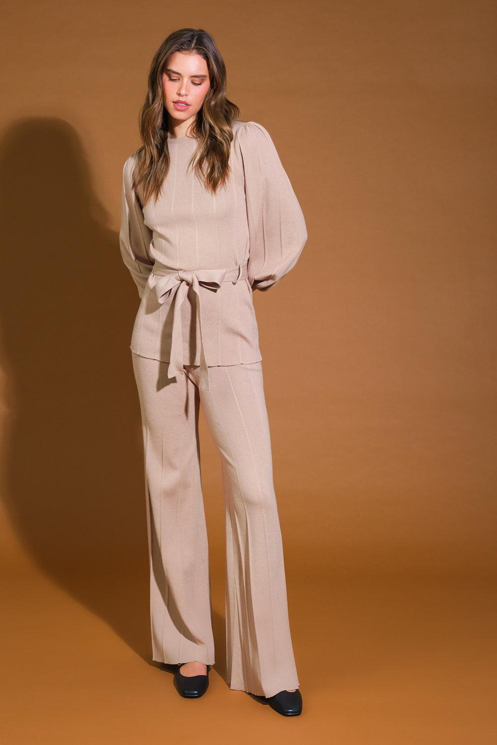 Smile When You Are Sad Sweater Set with Puff Sleeve Top and Wide Leg Pants in tan, view 5 — Soul Flow Apparel
