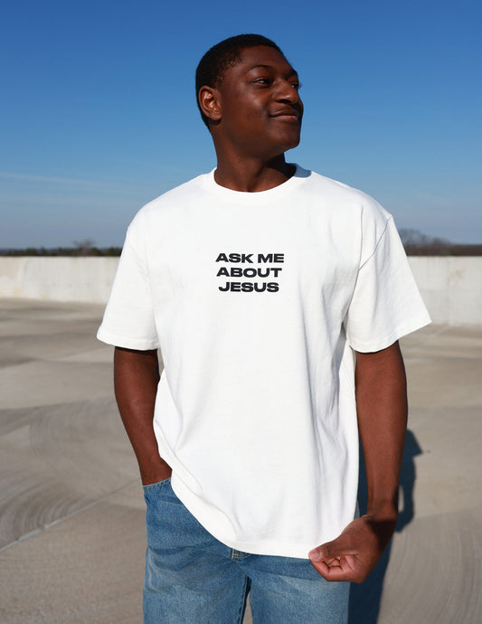 Ask Me About Jesus Heavyweight Tee – Christian T-Shirt