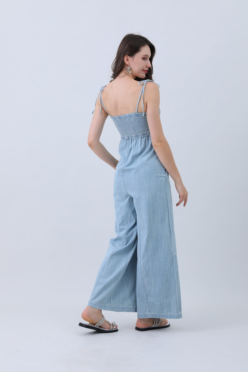 Light Blue Denim Jumpsuit – Smocked Top & Wide Legs Leto Collection