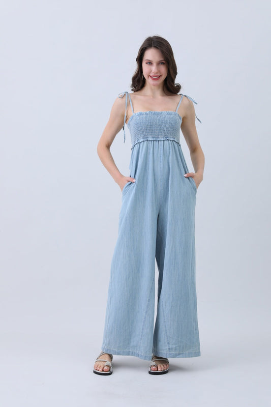 Light Blue Denim Jumpsuit – Smocked Top & Wide Legs Leto Collection