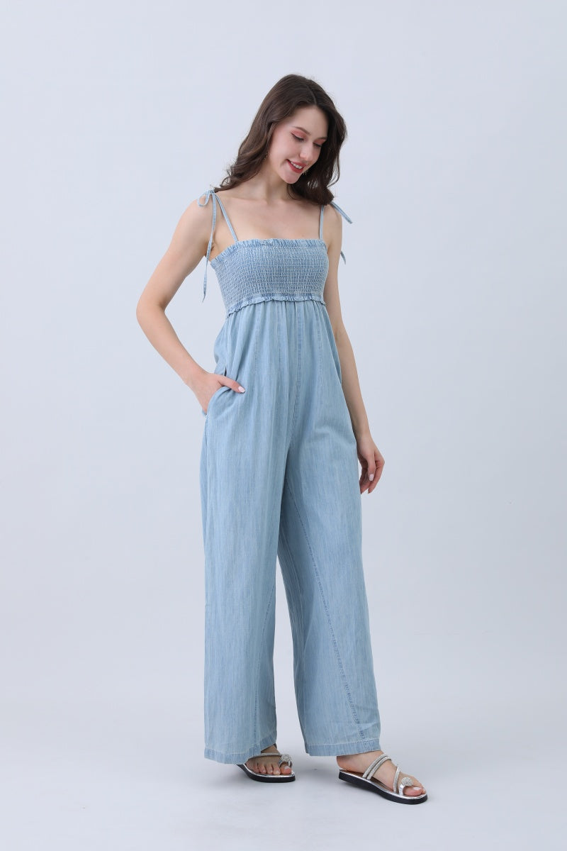 Light Blue Denim Jumpsuit – Smocked Top & Wide Legs Leto Collection
