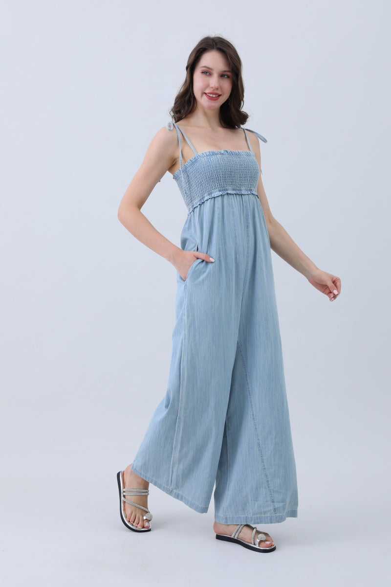 Light Blue Denim Jumpsuit – Smocked Top & Wide Legs Leto Collection