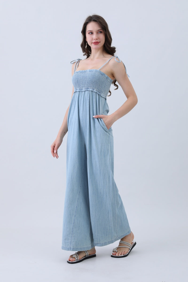 Light Blue Denim Jumpsuit – Smocked Top & Wide Legs Leto Collection