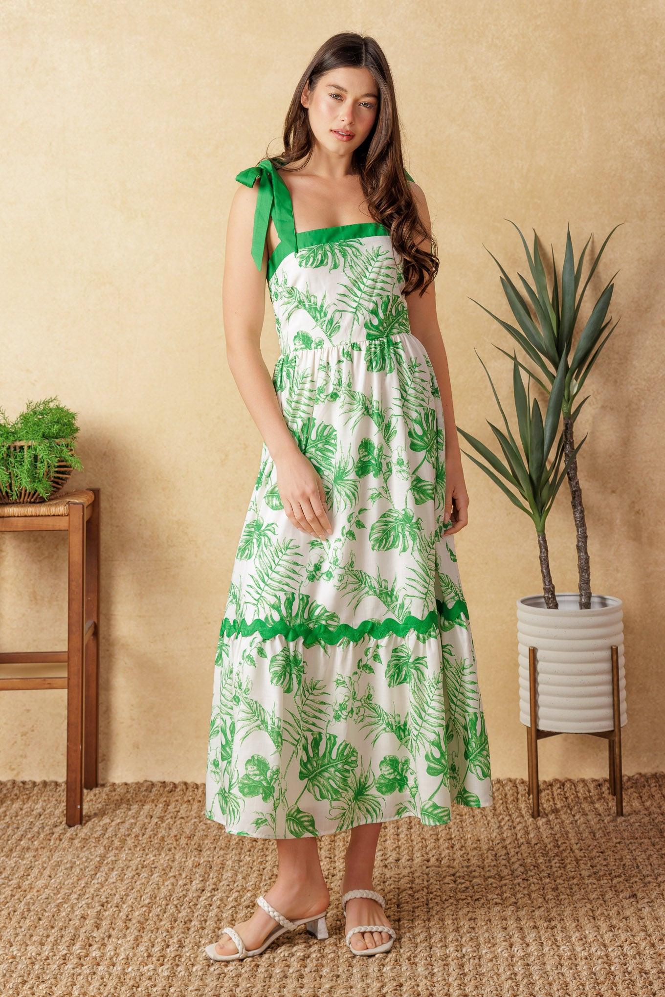 Forever Mine Woven Midi Dress in off-white green, view 3 — Soul Flow Apparel