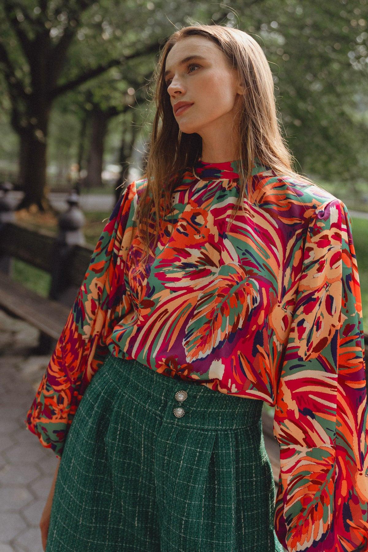 Adoring Devotion Woven Top with High Neck Long Sleeves and Tie Back Print — Soul Flow Apparel