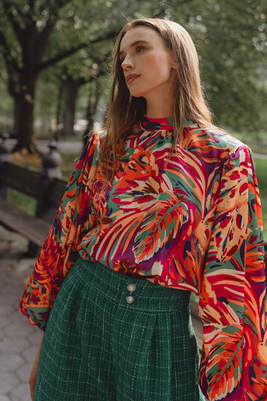 Adoring Devotion Woven Top with High Neck Long Sleeves and Tie Back Print — Soul Flow Apparel