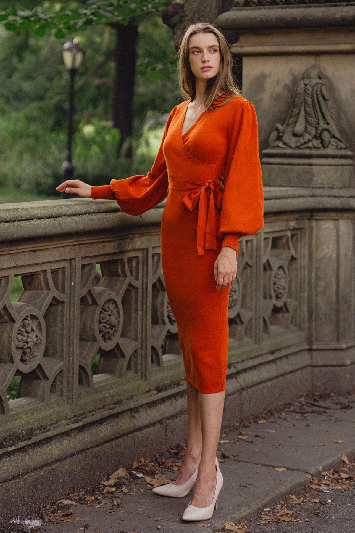 Adorable Ideal Sweater Midi Dress with Surplice Neckline Blouson Sleeves — Soul Flow Apparel