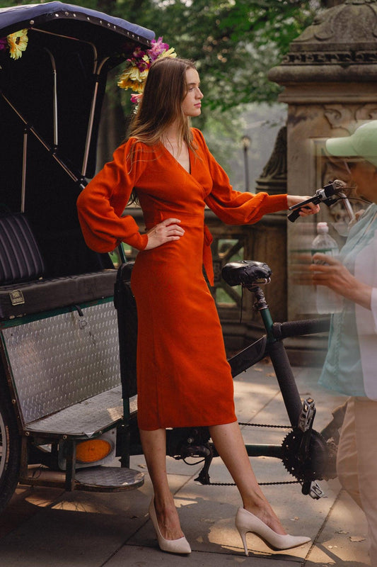 Adorable Ideal Sweater Midi Dress with Surplice Neckline Blouson Sleeves — Soul Flow Apparel