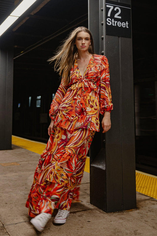 Wonderful Soul Woven Maxi Dress with V Neck Elastic Waist and Long Sleeves — Soul Flow Apparel