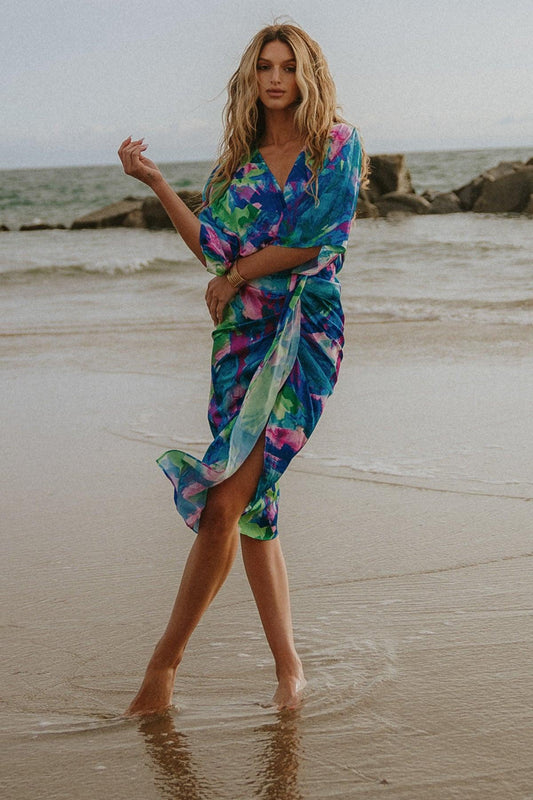 On the Horizon Woven Satin Midi Dress Plunging V Neck Kimono Sleeves — Soul Flow Apparel