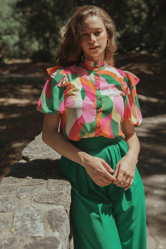 Make Them Proud Woven Top High Neck Ruffle Edge Puff Sleeves — Soul Flow Apparel