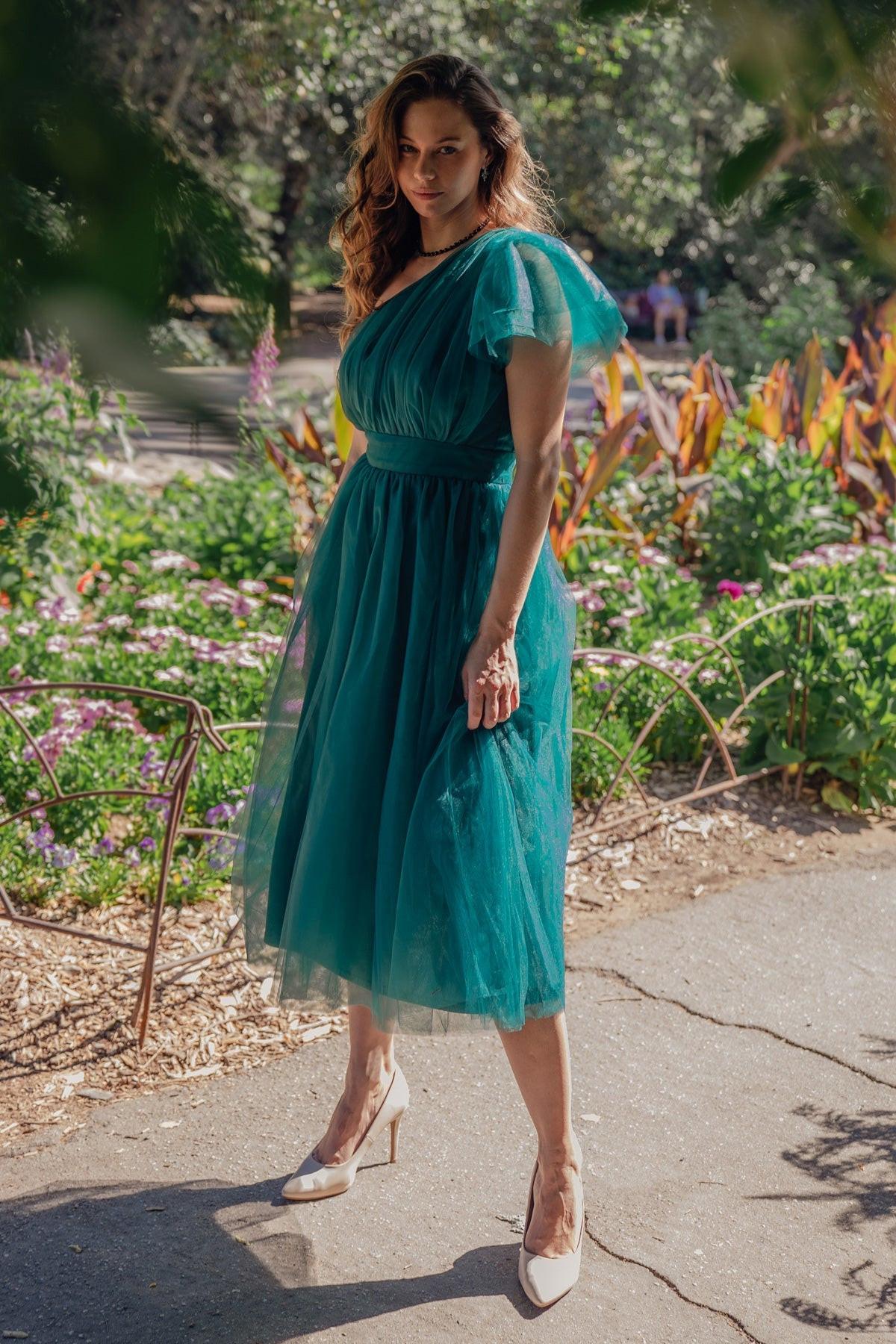 Lively Charm Tulle Midi Dress One Shoulder Silhouette With Layered Sleeve