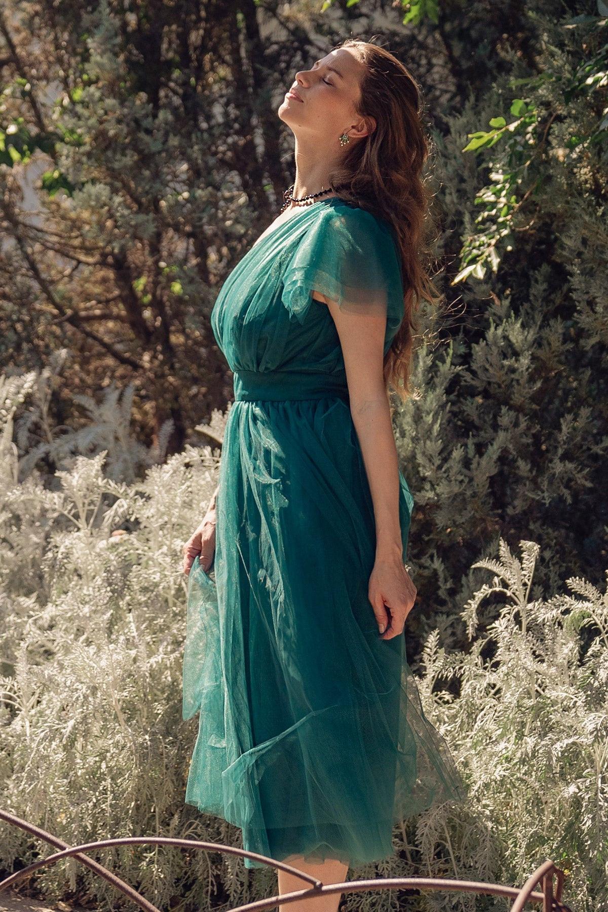 Lively Charm Tulle Midi Dress One Shoulder Silhouette With Layered Sleeve