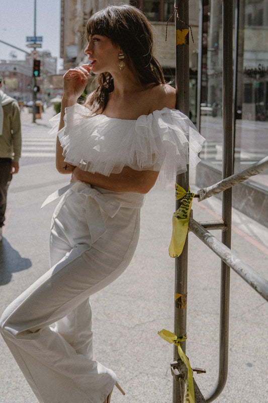 White Denim Jumpsuit with Off Shoulder Tulle Flounce Back Zipper Flare Pants — Soul Flow Apparel