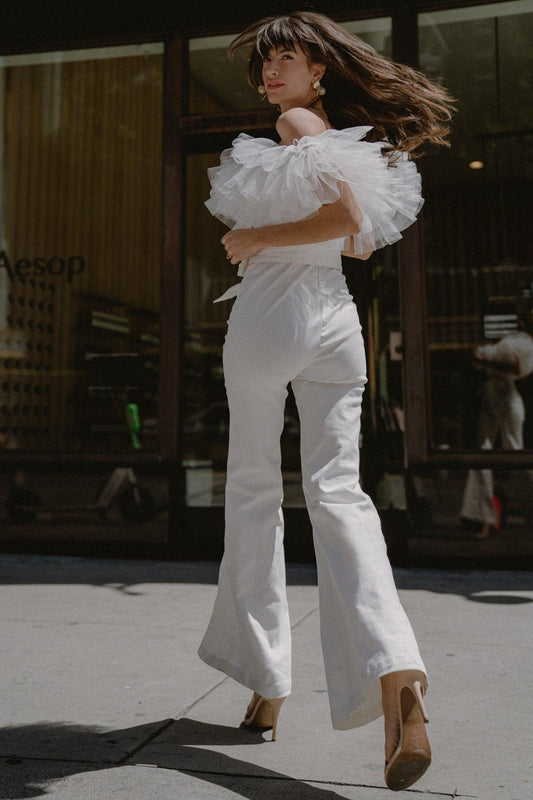 White Denim Jumpsuit with Off Shoulder Tulle Flounce Back Zipper Flare Pants — Soul Flow Apparel