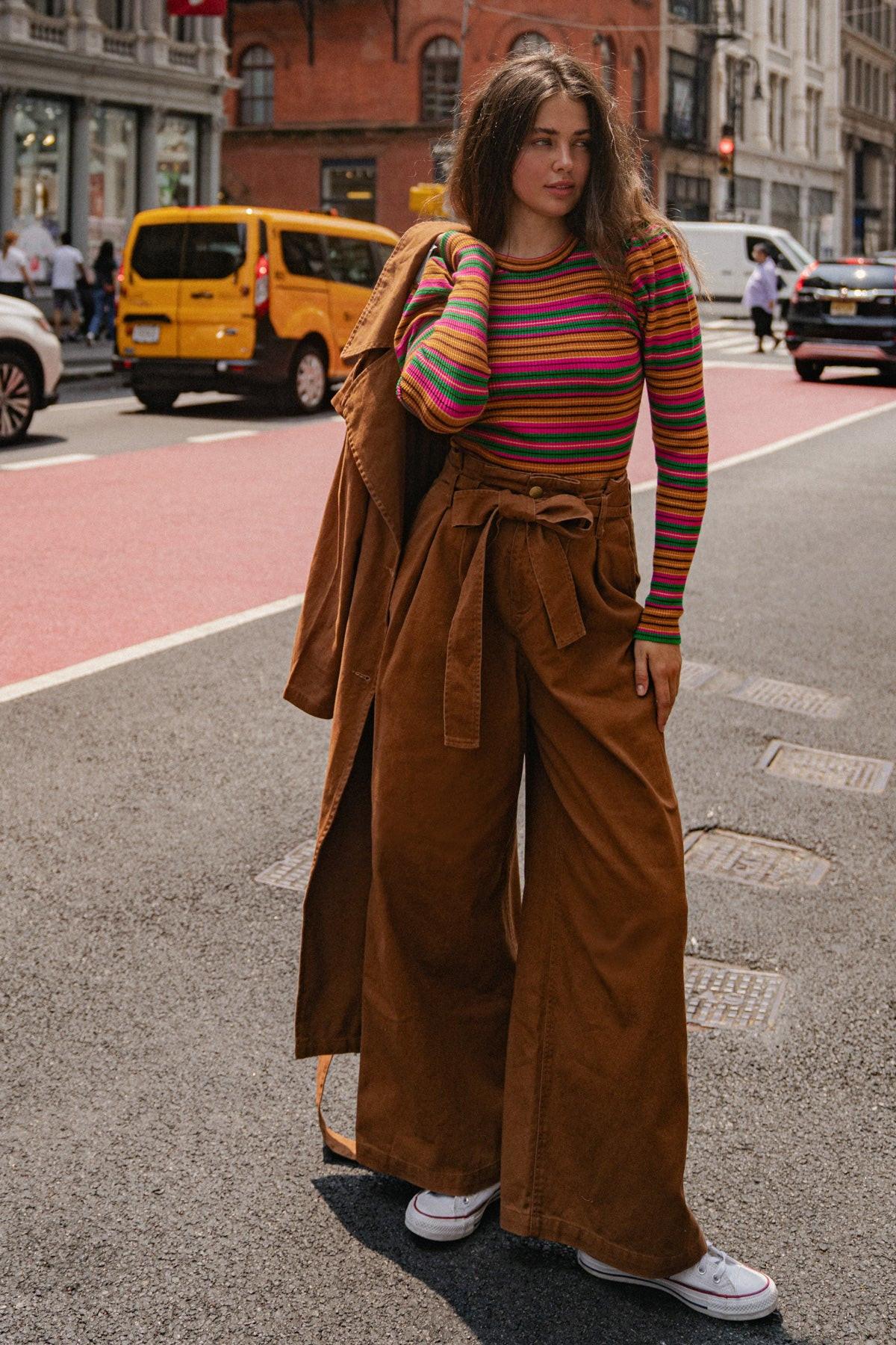 Big Moment Twill Pants High Waisted Paperbag Waist with Self Belt Wide Leg — Soul Flow Apparel