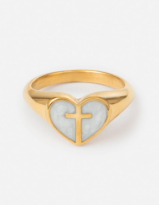 Enamel Heart Cross Ring – Christian Ring