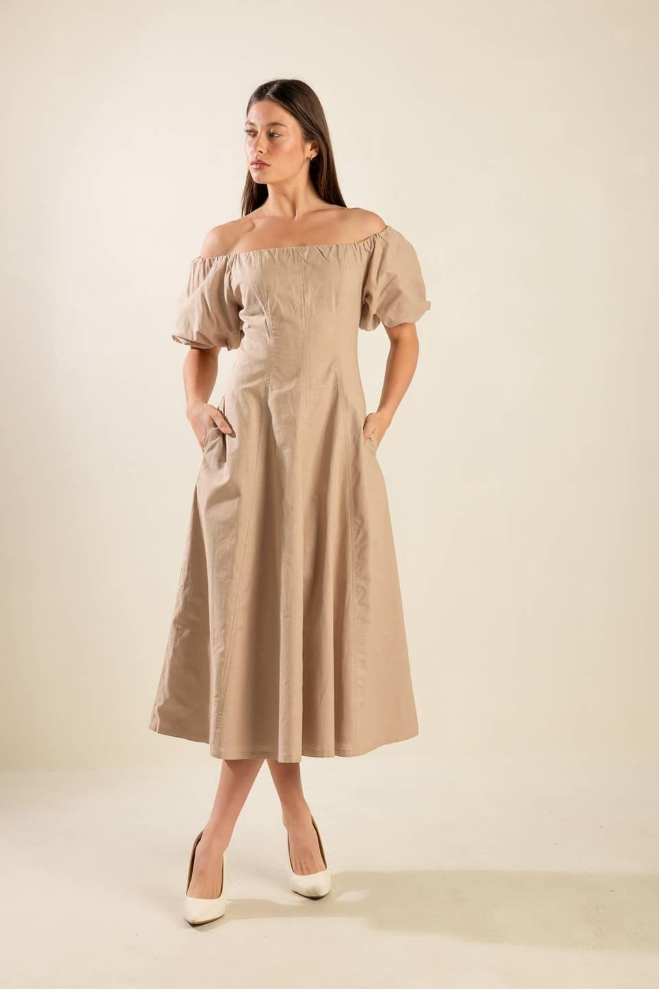 Protecting My Peace Taupe Woven Midi Dress, view 1 — Soul Flow Apparel