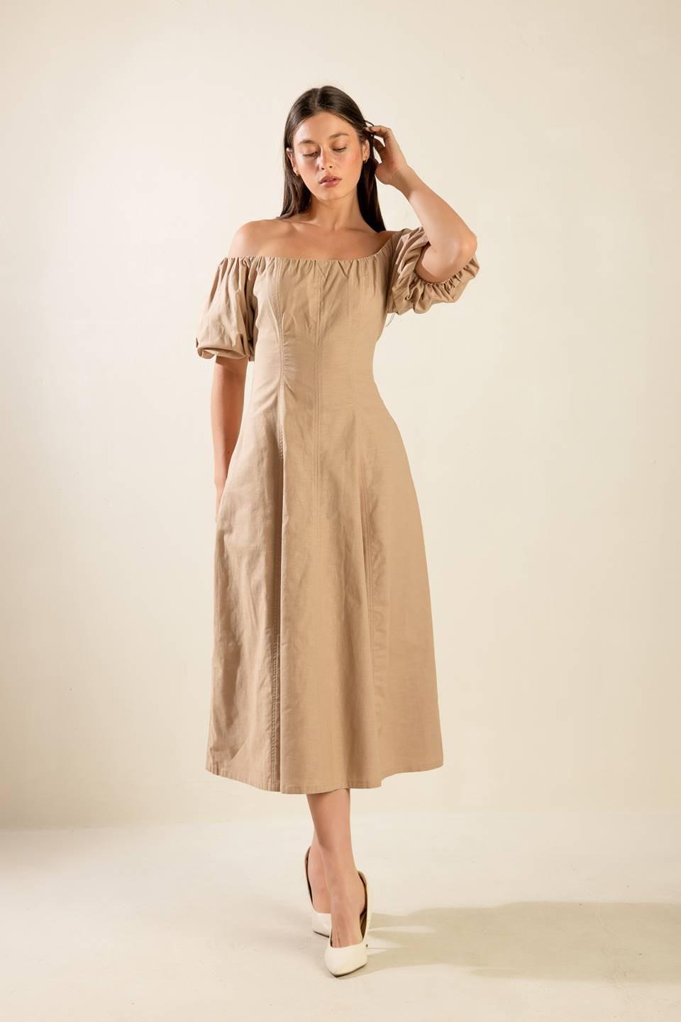 Protecting My Peace Taupe Woven Midi Dress, view 2 — Soul Flow Apparel