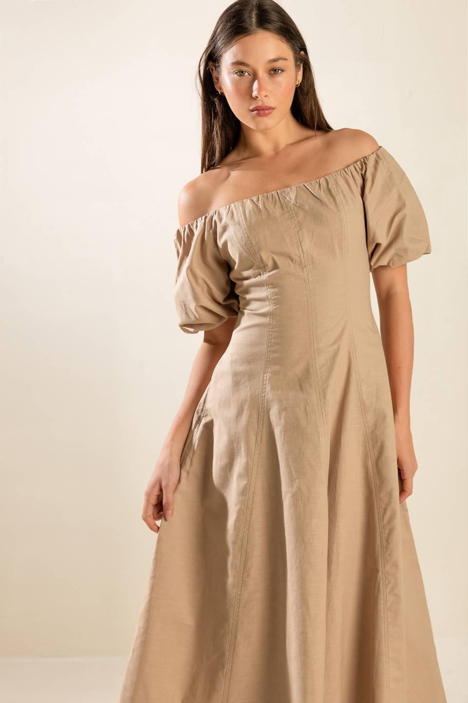 Protecting My Peace Taupe Woven Midi Dress, view 3 — Soul Flow Apparel