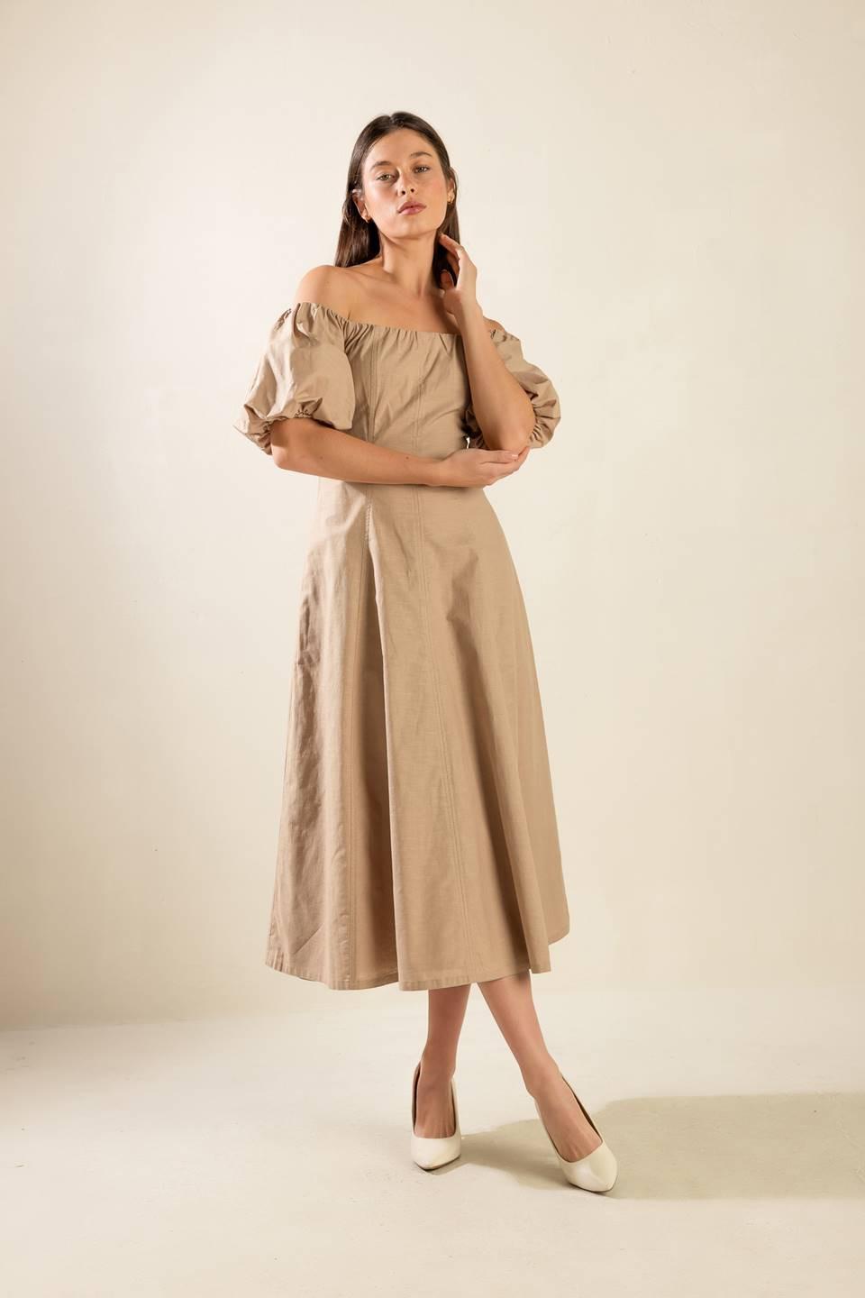 Protecting My Peace Taupe Woven Midi Dress, view 4 — Soul Flow Apparel