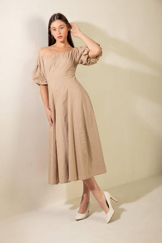 Protecting My Peace Taupe Woven Midi Dress, view 6 — Soul Flow Apparel