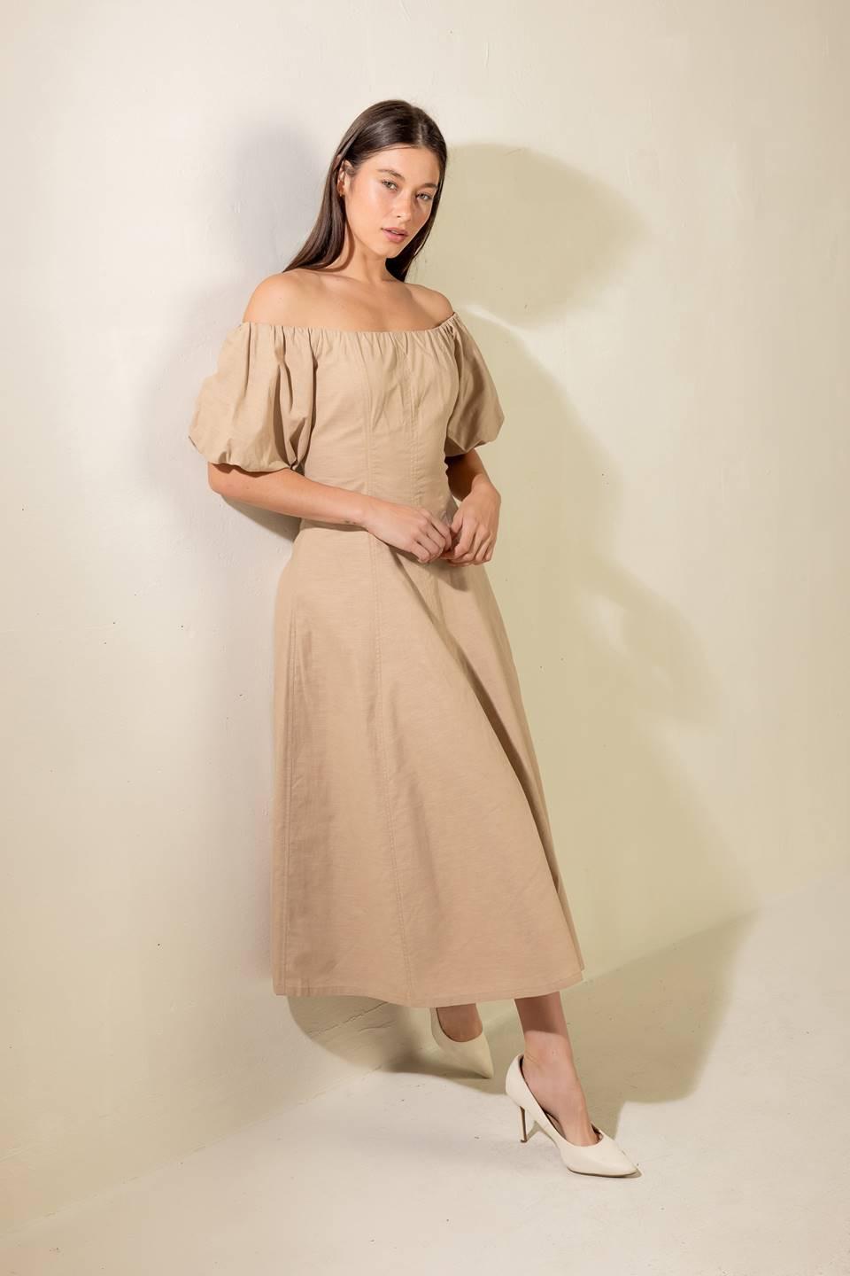 Protecting My Peace Taupe Woven Midi Dress, view 8 — Soul Flow Apparel