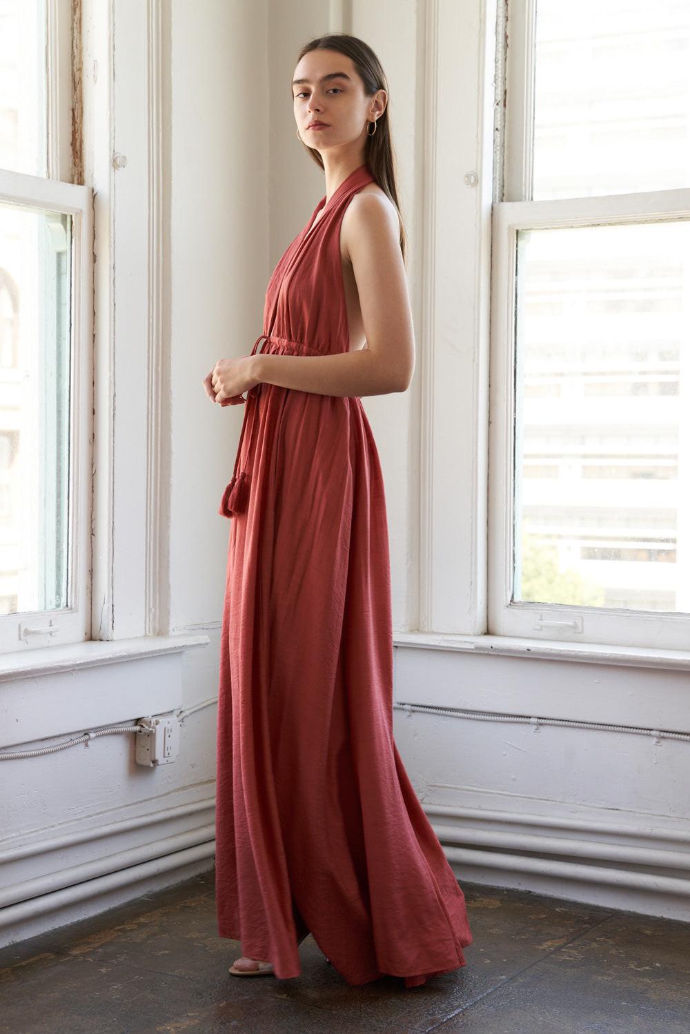 Share Your Glow Woven Maxi Dress in rust, view 3 — Soul Flow Apparel