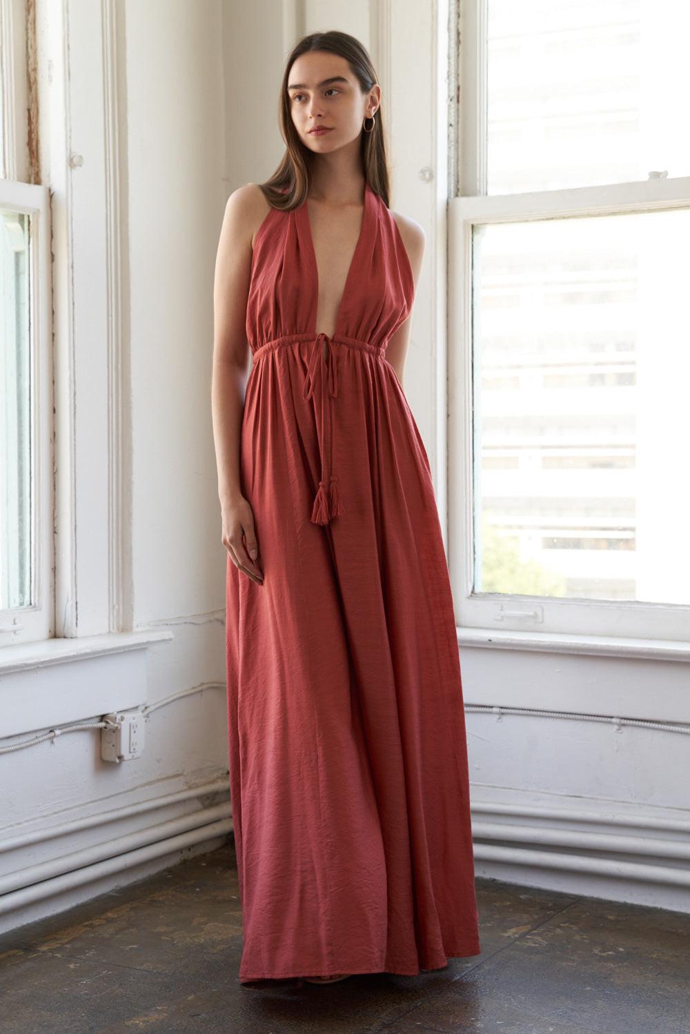 Share Your Glow Woven Maxi Dress in rust, view 5 — Soul Flow Apparel