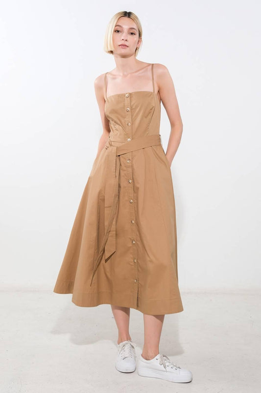 Proof of Perfection Woven Midi Dress in camel, view 5 — Soul Flow Apparel